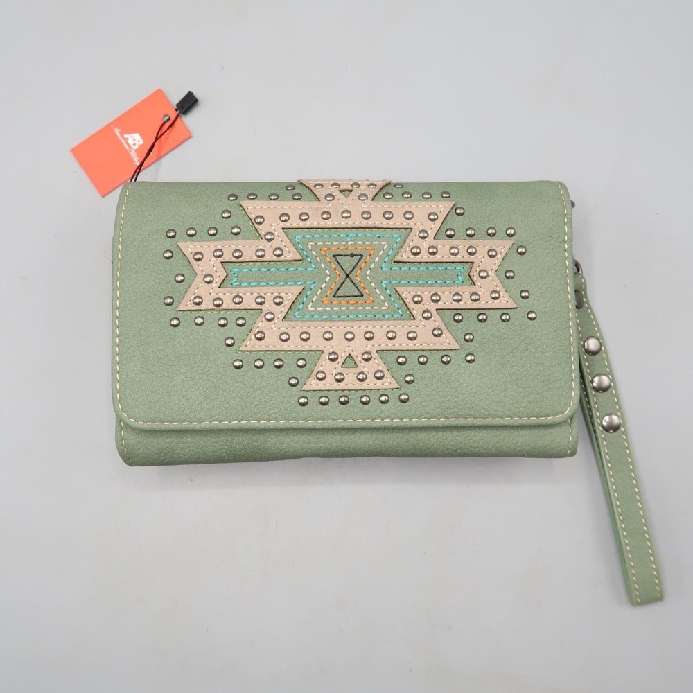 American Bling Clutch Purse Light Green Studdedโ Western Theme Crossbody Strap